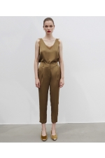 Pantaloni casual kaki satinati cu talie înaltă