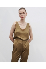 Pantaloni casual kaki satinati cu talie înaltă