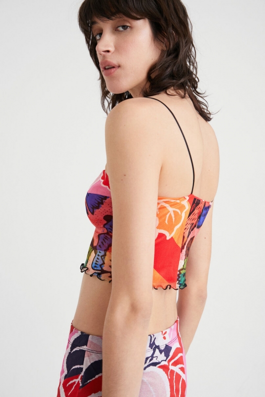 Top cropped casual cu imprimeu floral multicolor