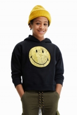 Hanorac negru cu glugă și Smiley® uzat