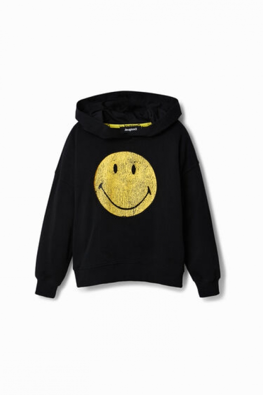 Hanorac negru cu glugă și Smiley® uzat