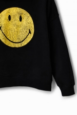 Hanorac negru cu glugă și Smiley® uzat
