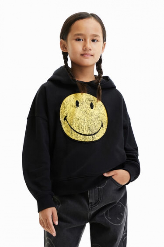 Hanorac negru cu glugă și Smiley® uzat