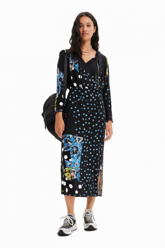 Rochie midi boho cu imprimeu floral și buline