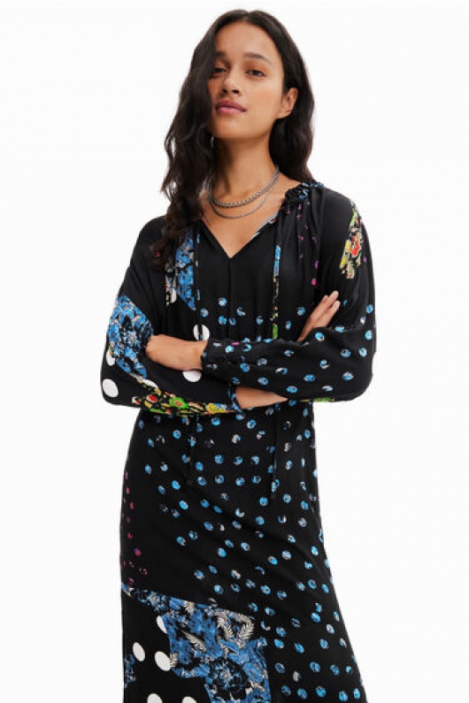 Rochie midi boho cu imprimeu floral și buline