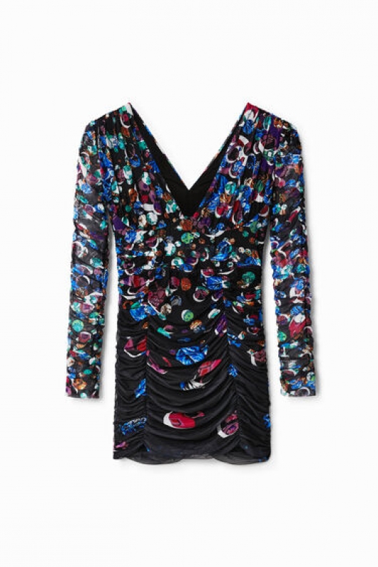 Rochie mini drapată cu imprimeu cercuri