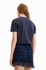 Rochie mini gri cu fustă albastră cu buline