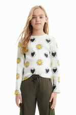 Tricou alb lung cu mâneci lungi Smiley