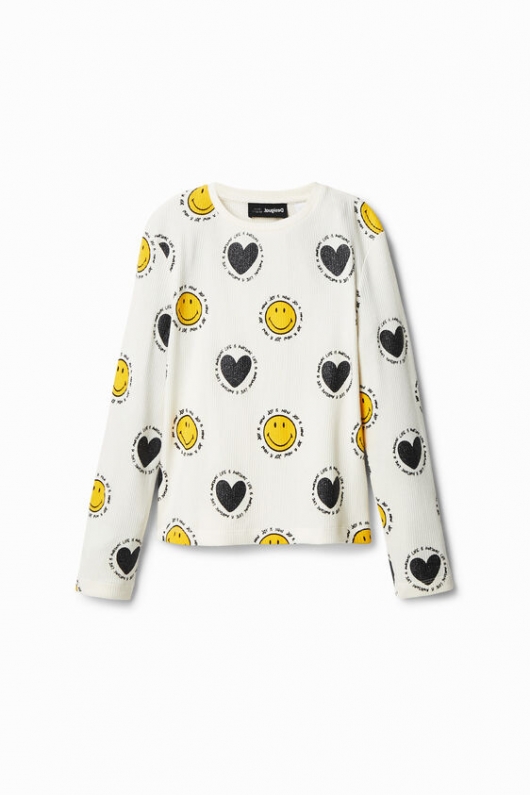 Tricou alb lung cu mâneci lungi Smiley