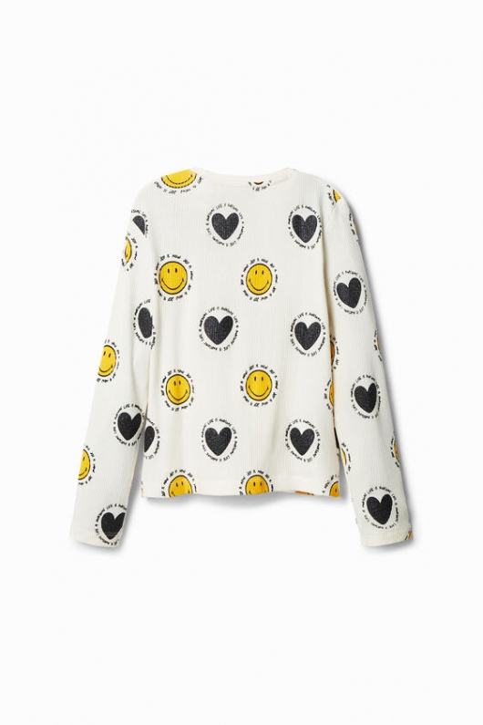 Tricou alb lung cu mâneci lungi Smiley