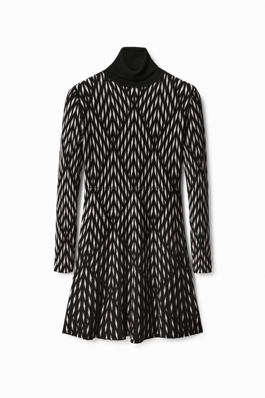 Rochie mini neagră cu print geometric și guler rulat