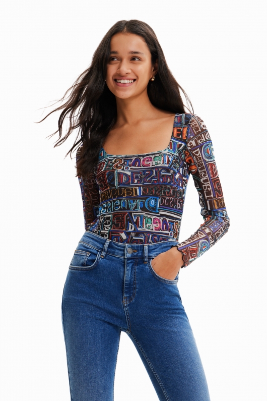 Body din tulle cu print logo și mâneci lungi