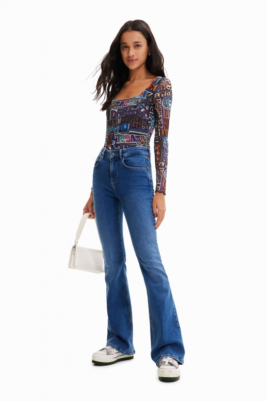Body din tulle cu print logo și mâneci lungi