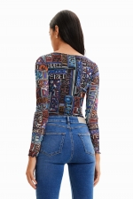 Body din tulle cu print logo și mâneci lungi
