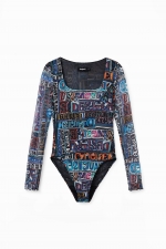 Body din tulle cu print logo și mâneci lungi