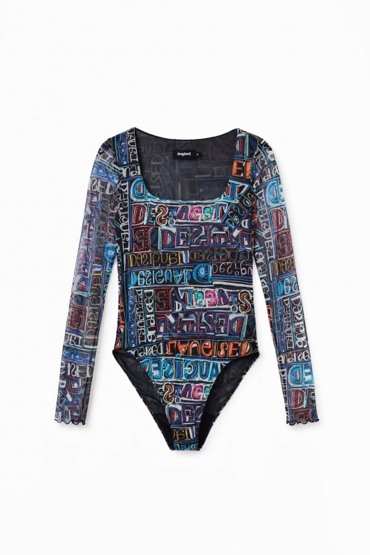 Body din tulle cu print logo și mâneci lungi