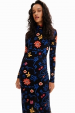 Rochie midi mulată cu print floral și guler înalt