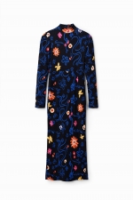 Rochie midi mulată cu print floral și guler înalt