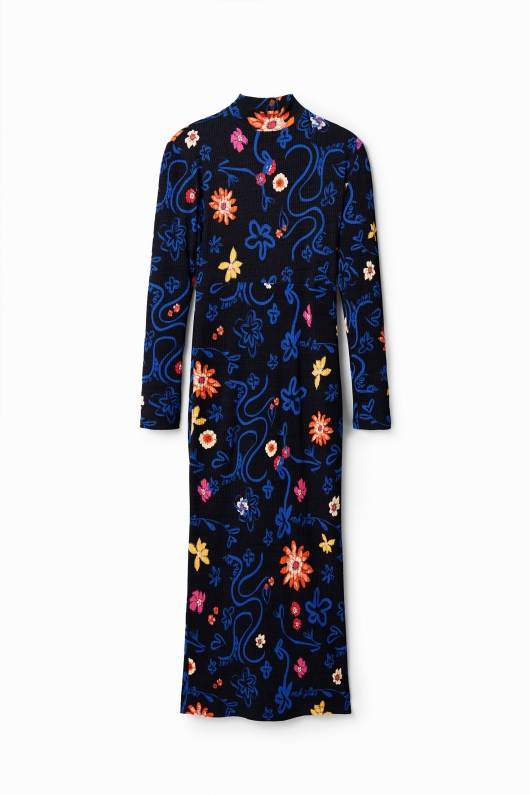 Rochie midi mulată cu print floral și guler înalt