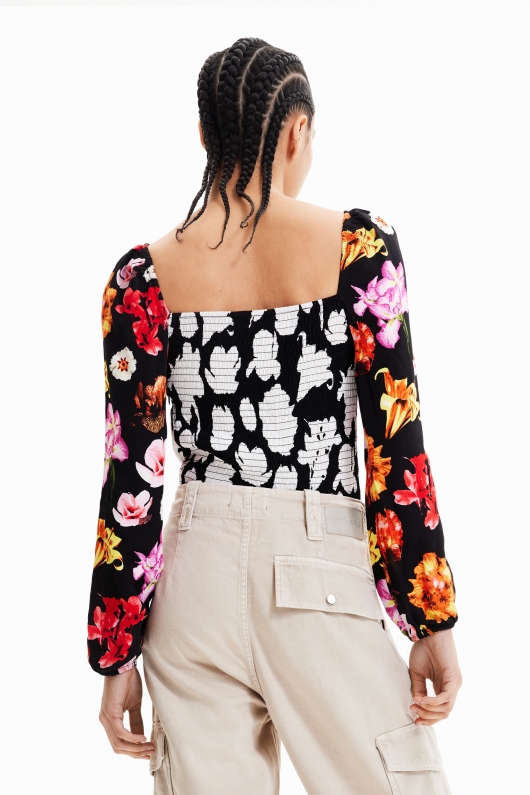 Body cu print floral și mâneci bufante