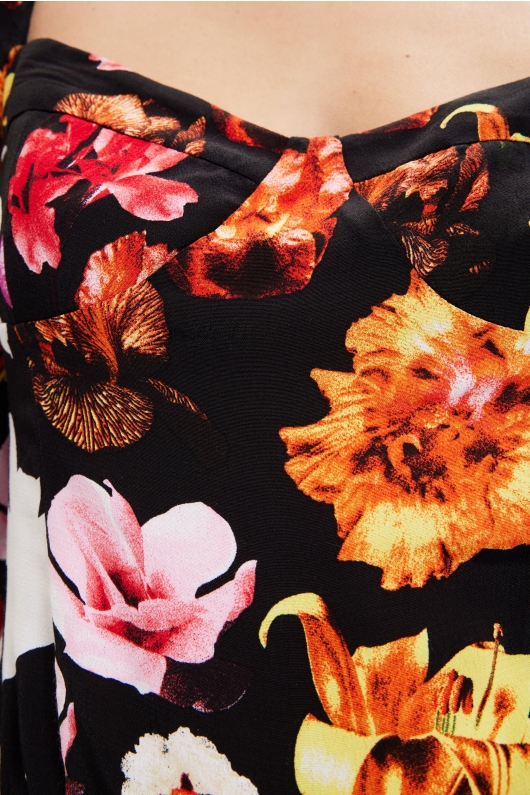 Body cu print floral și mâneci bufante