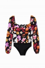 Body cu print floral și mâneci bufante