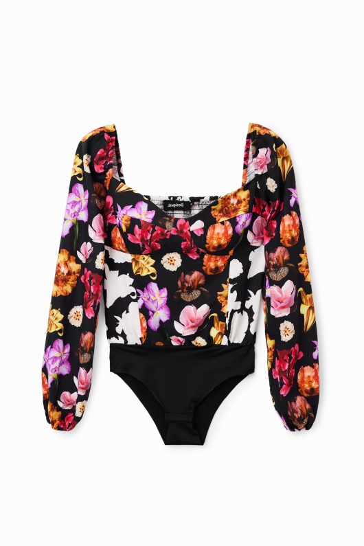 Body cu print floral și mâneci bufante