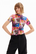 Body slim cu print patchwork și guler perkins