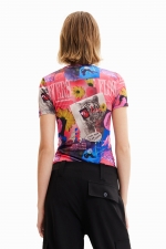 Body slim cu print patchwork și guler perkins