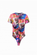 Body slim cu print patchwork și guler perkins