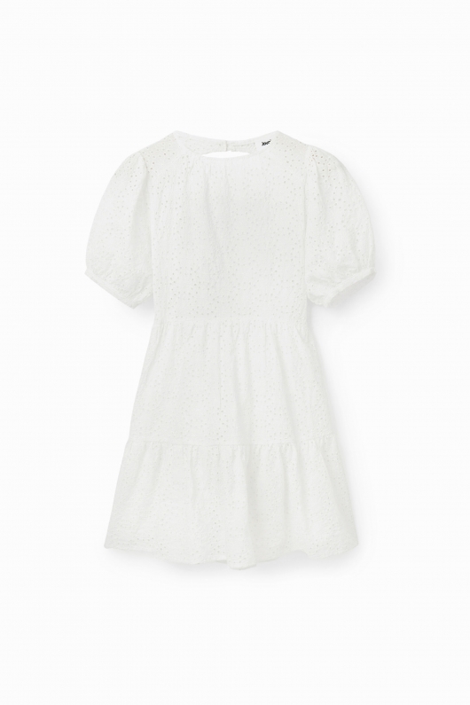 Rochie albă scurtă cu broderie și mâneci bufante