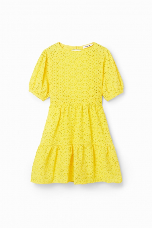 Rochie galbenă scurtă cu broderie și mâneci bufante