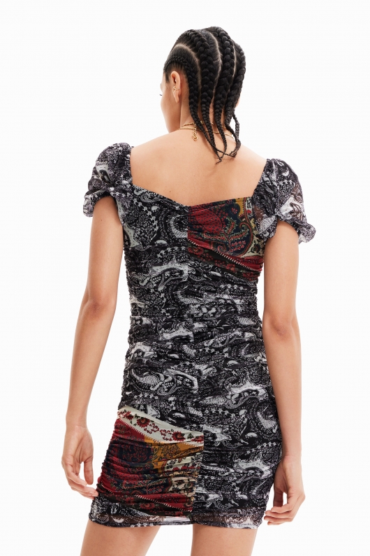 Rochie scurtă mulată din tulle cu imprimeu Paisley
