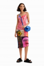 Rochie midi mulată satinată cu imprimeu colaj
