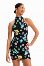Rochie mini neagră cu print floral și guler halter