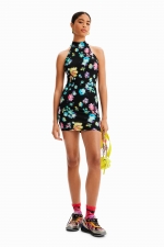 Rochie mini neagră cu print floral și guler halter
