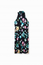 Rochie mini neagră cu print floral și guler halter