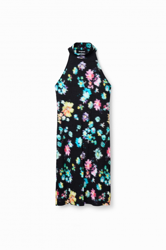 Rochie mini neagră cu print floral și guler halter