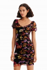 Rochie mini neagră din tulle cu imprimeu floral