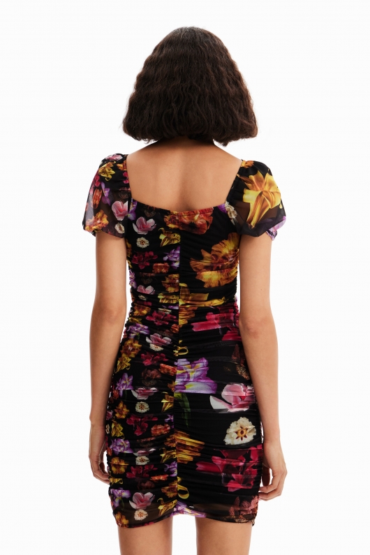 Rochie mini neagră din tulle cu imprimeu floral