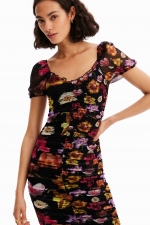 Rochie mini neagră din tulle cu imprimeu floral
