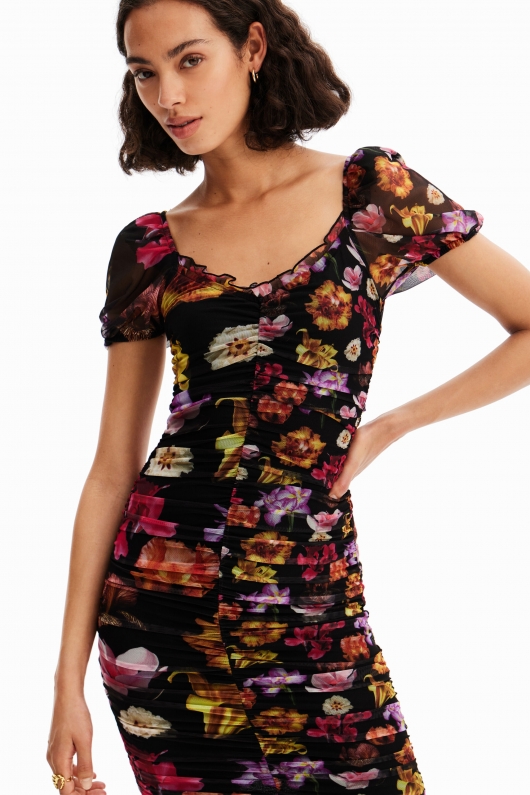 Rochie mini neagră din tulle cu imprimeu floral