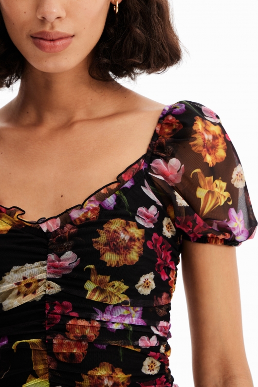 Rochie mini neagră din tulle cu imprimeu floral