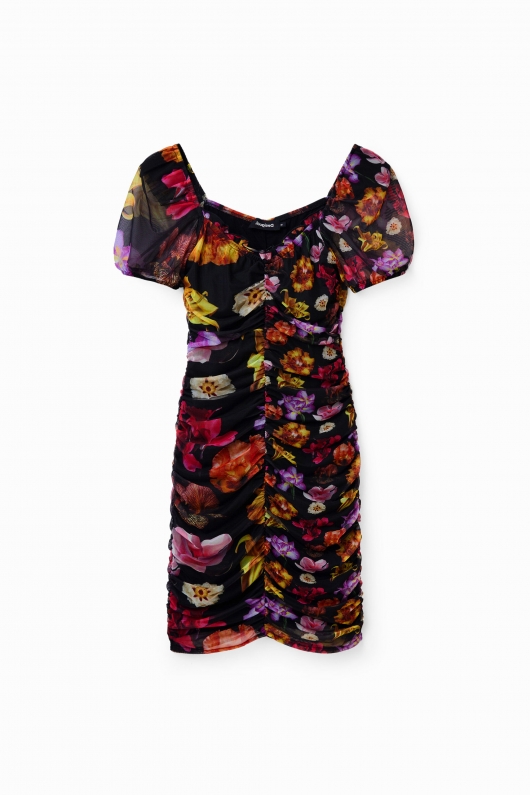 Rochie mini neagră din tulle cu imprimeu floral