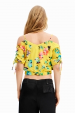 Top galben crop cu imprimeu floral și umeri goi