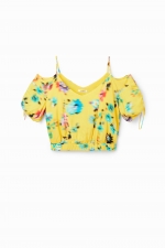 Top galben crop cu imprimeu floral și umeri goi