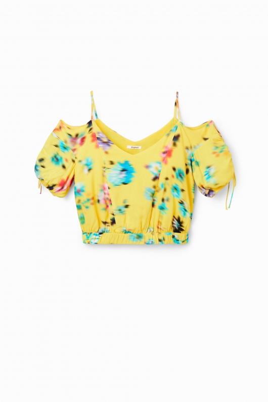 Top galben crop cu imprimeu floral și umeri goi
