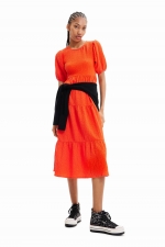 Rochie midi portocalie cu mâneci bufante