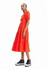 Rochie midi portocalie cu mâneci bufante