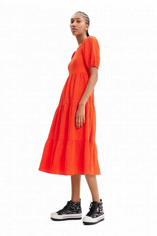 Rochie midi portocalie cu mâneci bufante